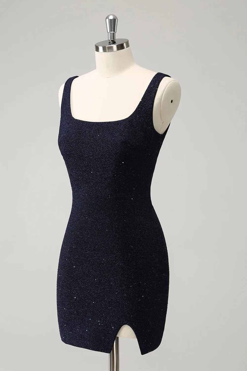 Luolandi Chic Dark Blue Bodycon Square Neck Short Homecoming Dress with Slit Sexy