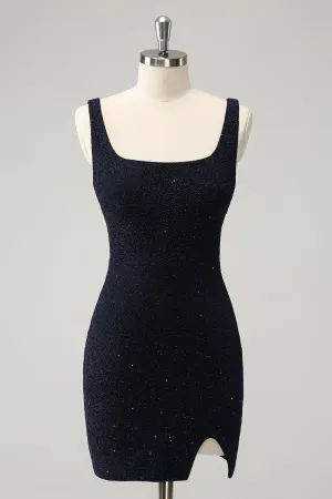 Luolandi Chic Dark Blue Bodycon Square Neck Short Homecoming Dress with Slit Sexy