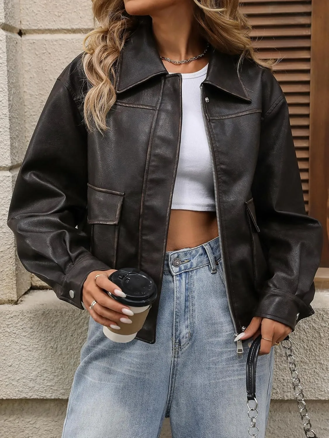 LY VAREY LIN Women Faux Leather Bomber Jacket Distressed Button Front Aviator Biker Coat