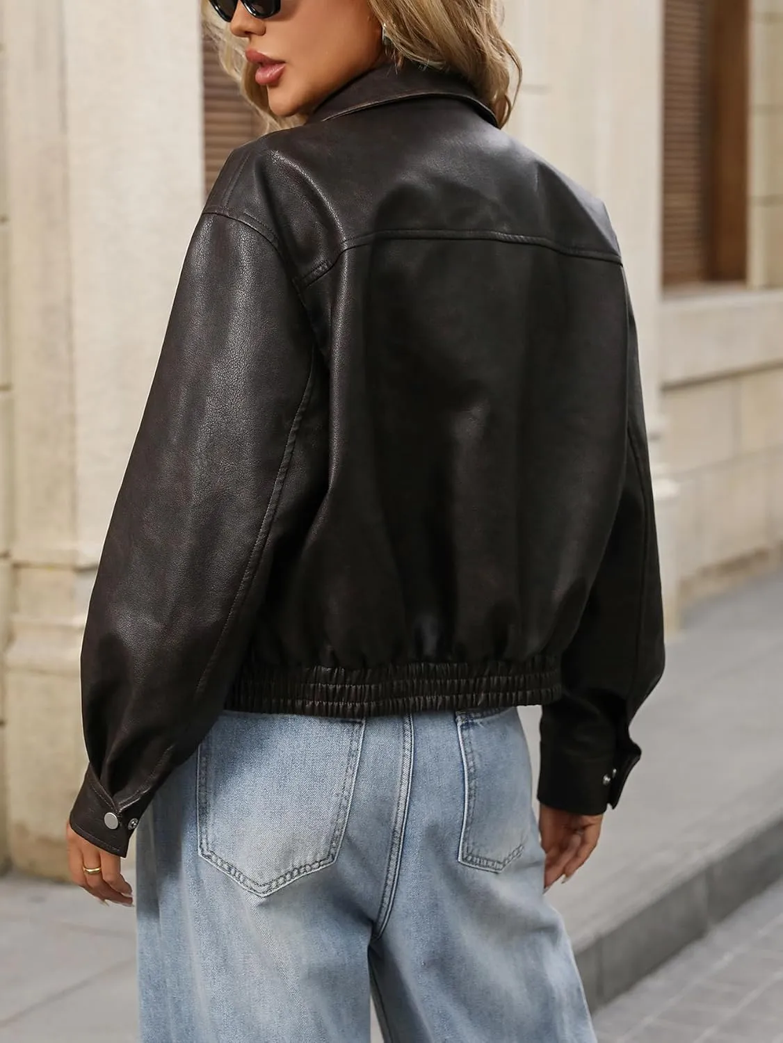 LY VAREY LIN Women Faux Leather Bomber Jacket Distressed Button Front Aviator Biker Coat