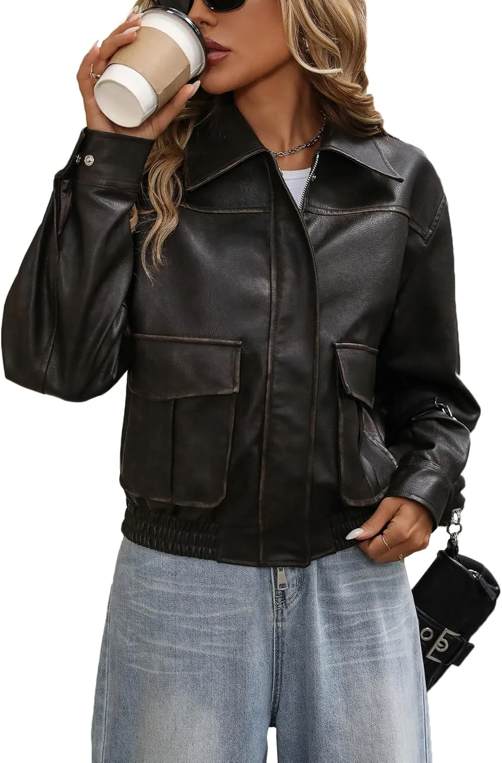 LY VAREY LIN Women Faux Leather Bomber Jacket Distressed Button Front Aviator Biker Coat