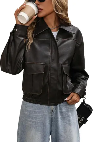 LY VAREY LIN Women Faux Leather Bomber Jacket Distressed Button Front Aviator Biker Coat