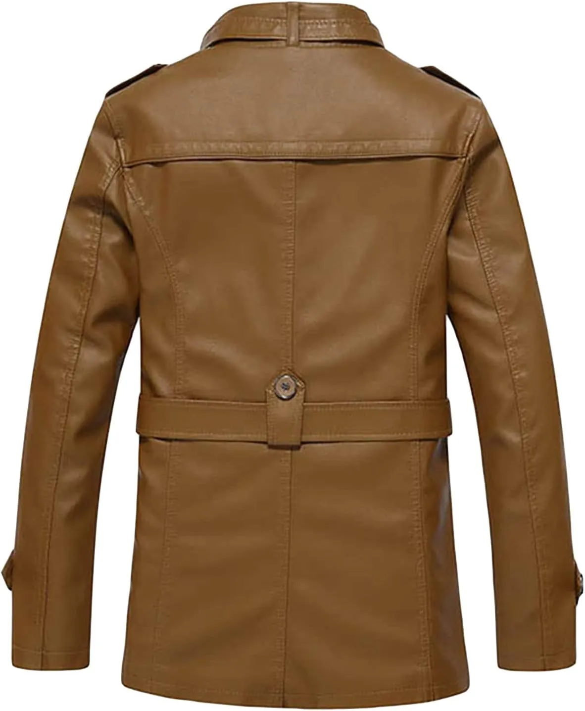 Maiyifu-GJ Men Faux Pu Leather Trench Coat Single Breasted Slim Stand Collar Jacket Lightweight Buttons Windproof Overcoat