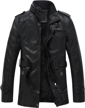 Maiyifu-GJ Men Faux Pu Leather Trench Coat Single Breasted Slim Stand Collar Jacket Lightweight Buttons Windproof Overcoat