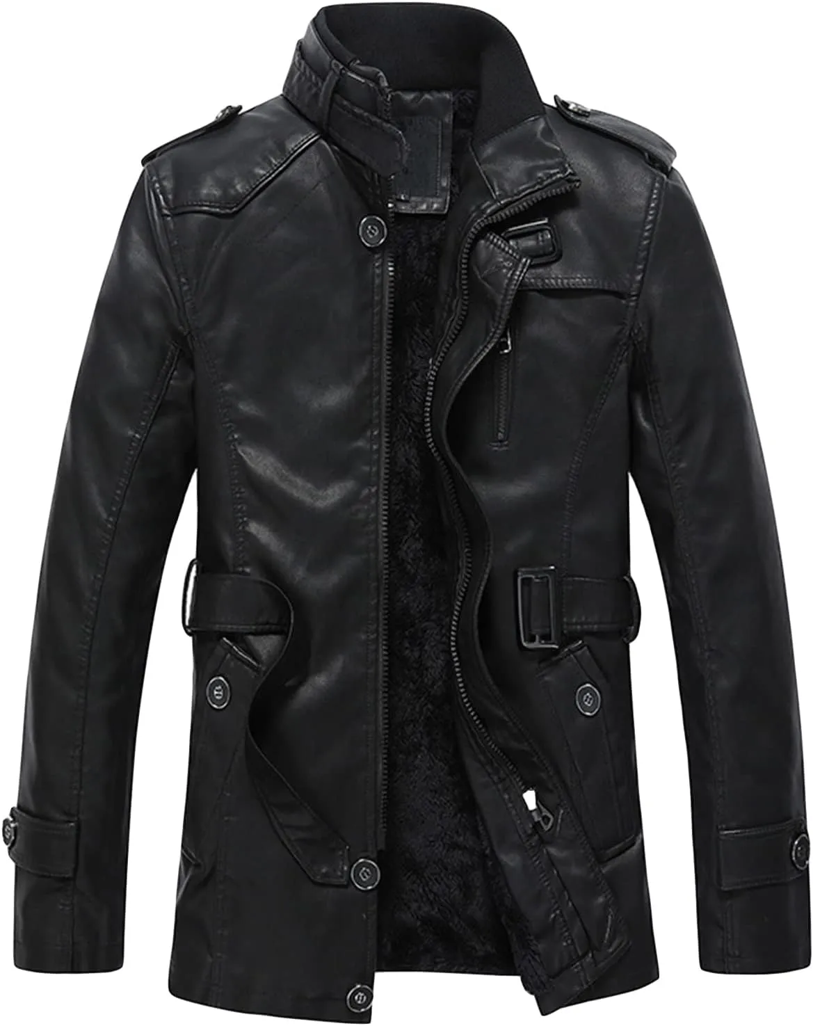 Maiyifu-GJ Men Faux Pu Leather Trench Coat Single Breasted Slim Stand Collar Jacket Lightweight Buttons Windproof Overcoat