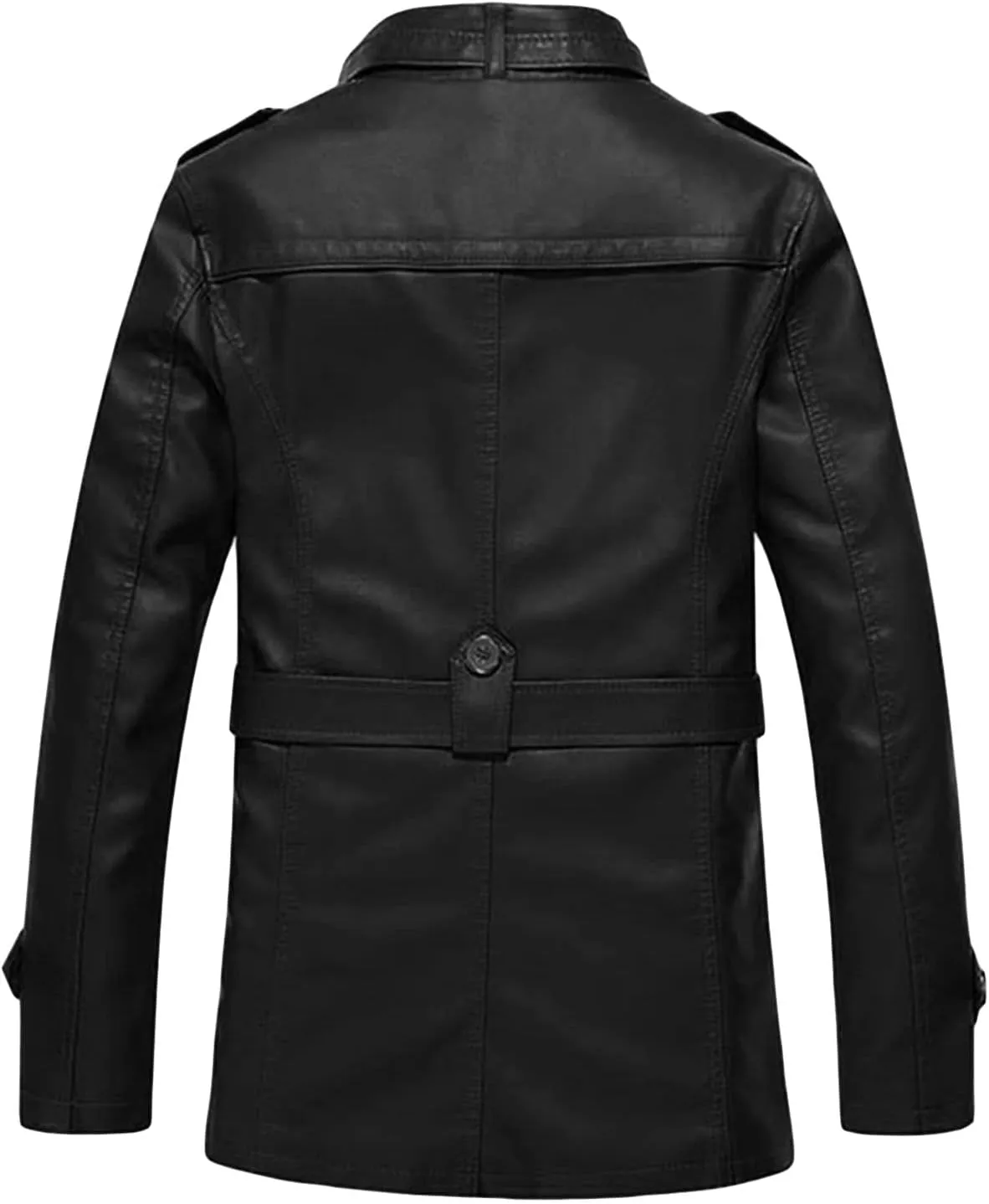 Maiyifu-GJ Men Faux Pu Leather Trench Coat Single Breasted Slim Stand Collar Jacket Lightweight Buttons Windproof Overcoat