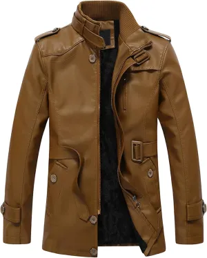 Maiyifu-GJ Men Faux Pu Leather Trench Coat Single Breasted Slim Stand Collar Jacket Lightweight Buttons Windproof Overcoat