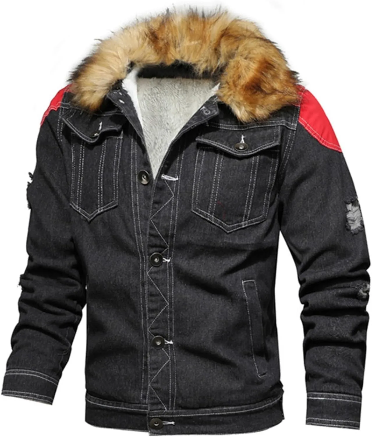 Maiyifu-GJ Men's Sherpa Lined Distressed Denim Jacket Casual Faux Fur Collar Fleece Coat Winter Jeans Trucker Jacket