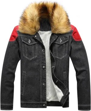 Maiyifu-GJ Men's Sherpa Lined Distressed Denim Jacket Casual Faux Fur Collar Fleece Coat Winter Jeans Trucker Jacket