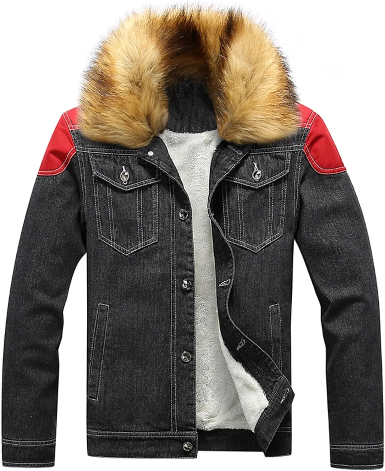 Maiyifu-GJ Men's Sherpa Lined Distressed Denim Jacket Casual Faux Fur Collar Fleece Coat Winter Jeans Trucker Jacket