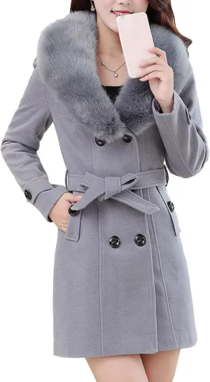 Maiyifu-GJ Women's Faux Fur Lapel Double Breasted Wool Trench Coat Winter Warm Mid-length Coat Jacket Overcoat with Belt