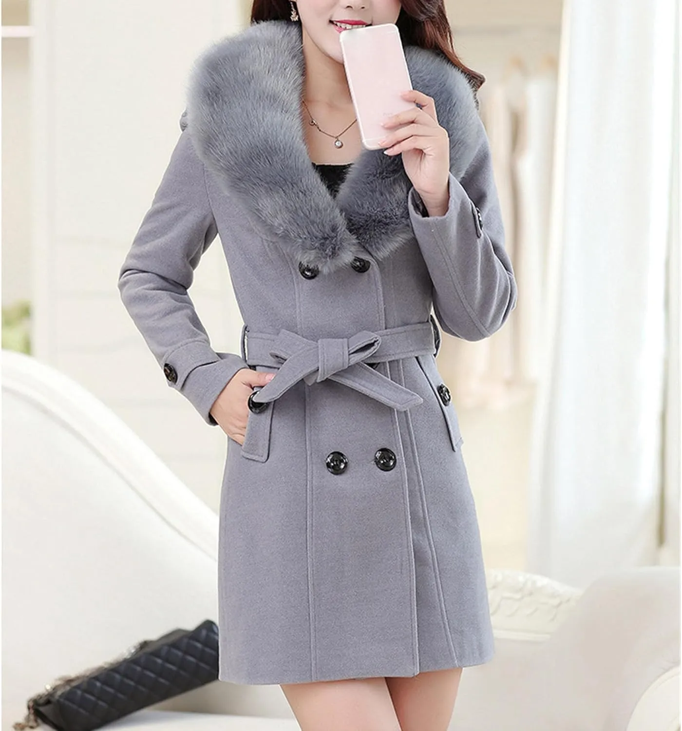 Maiyifu-GJ Women's Faux Fur Lapel Double Breasted Wool Trench Coat Winter Warm Mid-length Coat Jacket Overcoat with Belt