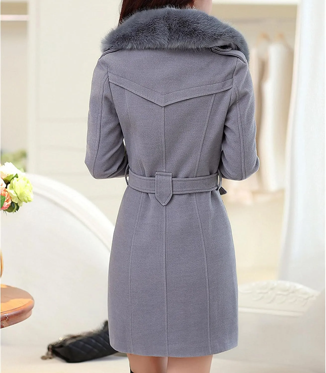Maiyifu-GJ Women's Faux Fur Lapel Double Breasted Wool Trench Coat Winter Warm Mid-length Coat Jacket Overcoat with Belt