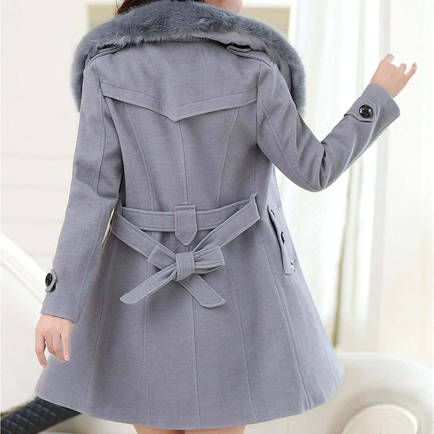 Maiyifu-GJ Women's Faux Fur Lapel Double Breasted Wool Trench Coat Winter Warm Mid-length Coat Jacket Overcoat with Belt