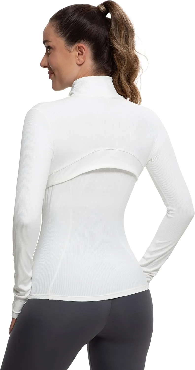 MathCat Ribbed Athletic Jacket for Women,Full Zip Workout Jacket Slim Fit Yoga Running Jacket with Pokets
