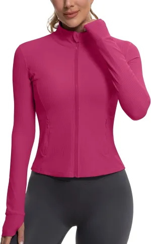 MathCat Ribbed Athletic Jacket for Women,Full Zip Workout Jacket Slim Fit Yoga Running Jacket with Pokets