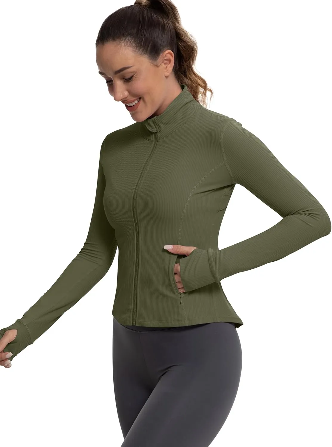 MathCat Ribbed Athletic Jacket for Women,Full Zip Workout Jacket Slim Fit Yoga Running Jacket with Pokets