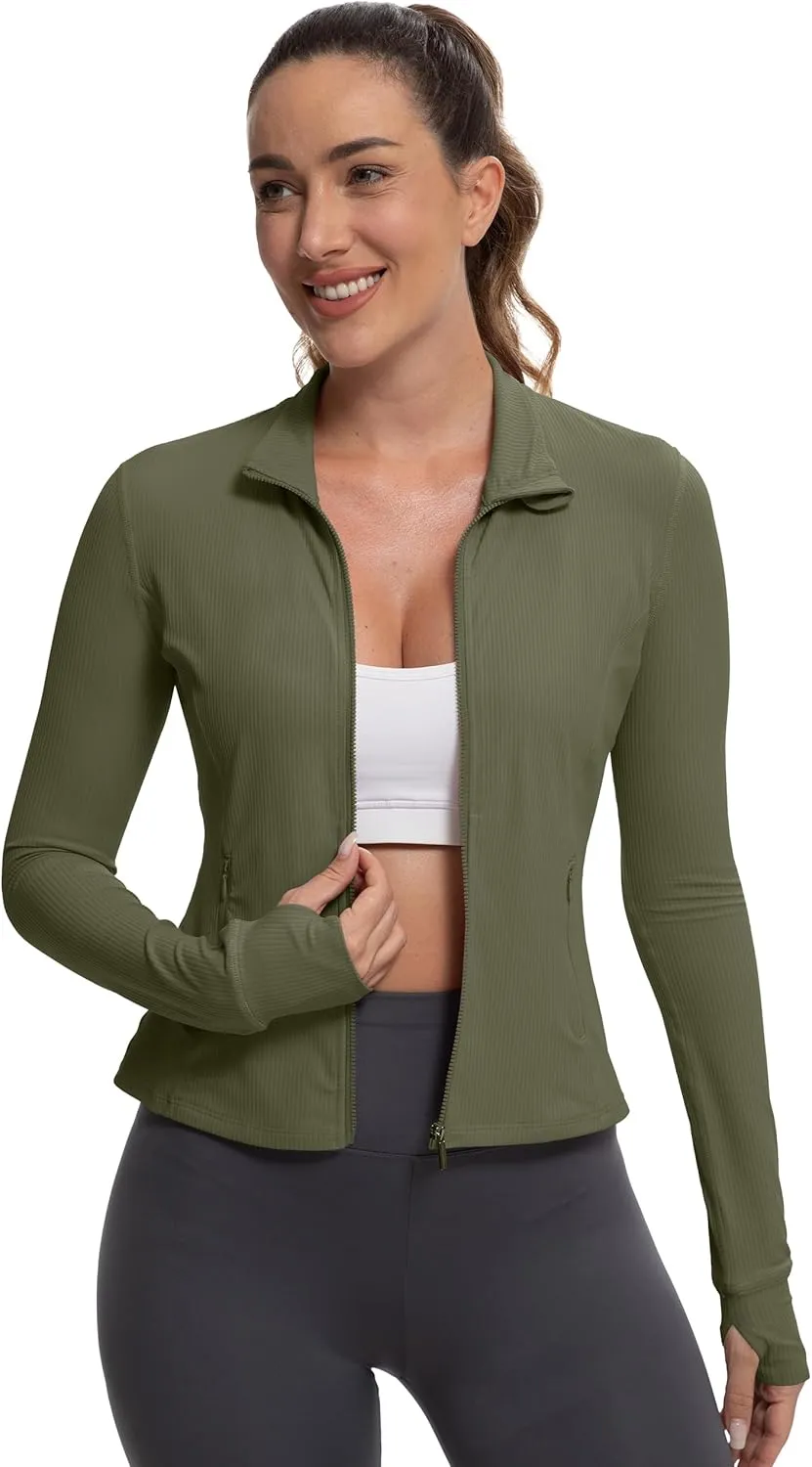 MathCat Ribbed Athletic Jacket for Women,Full Zip Workout Jacket Slim Fit Yoga Running Jacket with Pokets