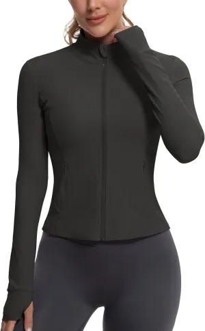 MathCat Ribbed Athletic Jacket for Women,Full Zip Workout Jacket Slim Fit Yoga Running Jacket with Pokets