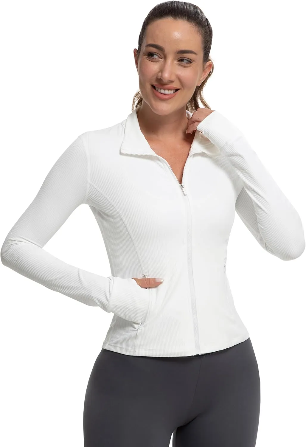 MathCat Ribbed Athletic Jacket for Women,Full Zip Workout Jacket Slim Fit Yoga Running Jacket with Pokets