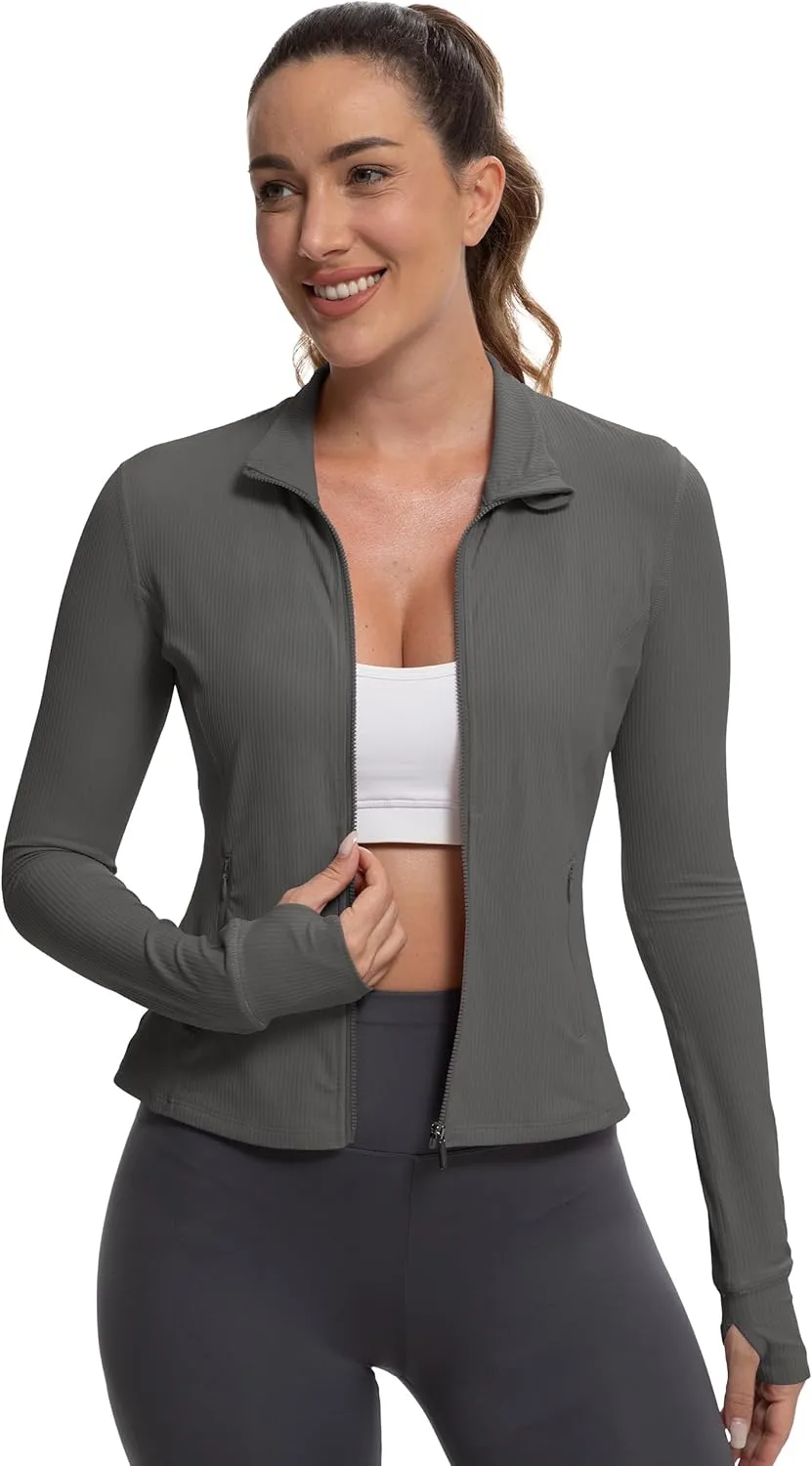MathCat Ribbed Athletic Jacket for Women,Full Zip Workout Jacket Slim Fit Yoga Running Jacket with Pokets