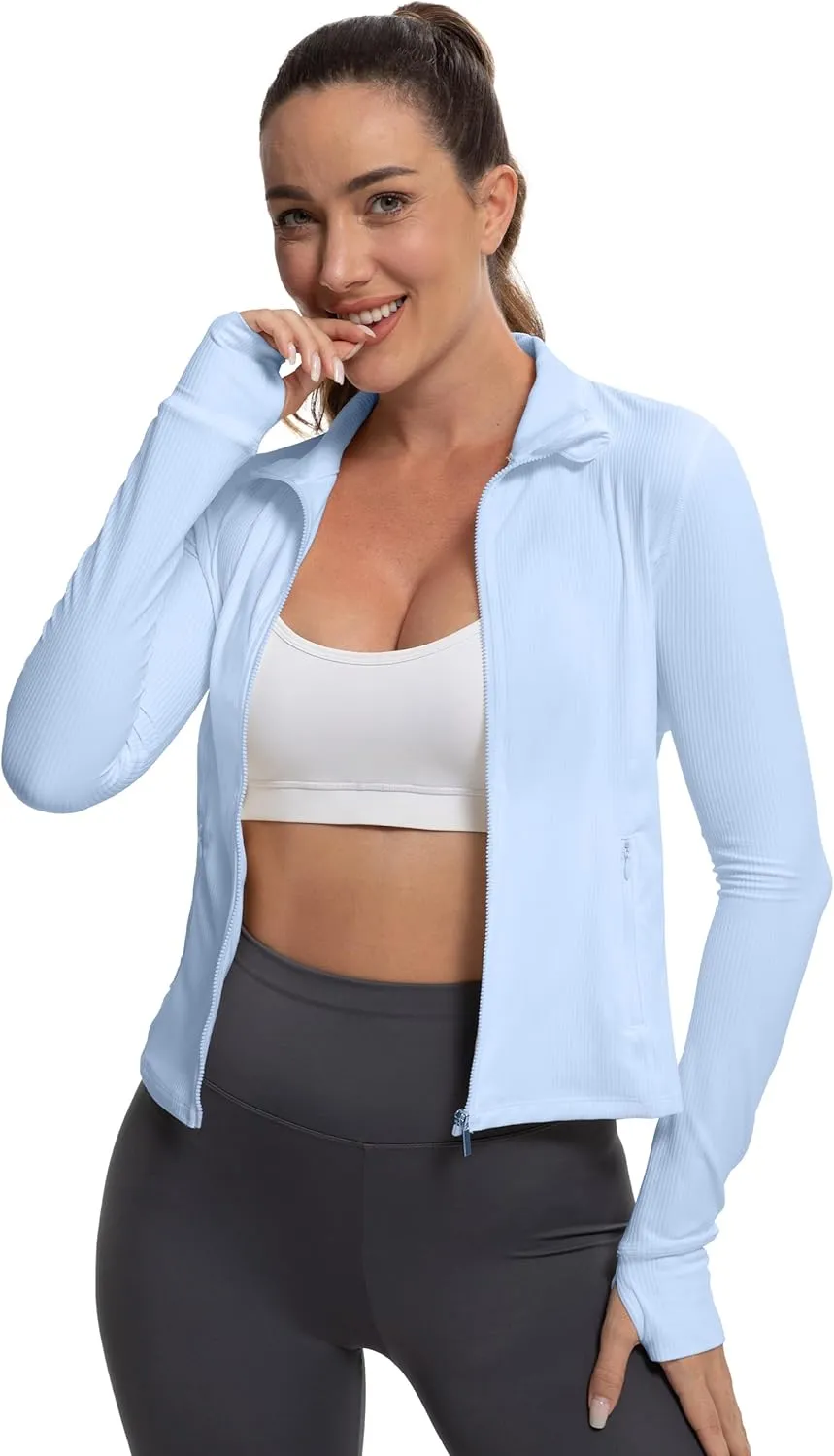 MathCat Ribbed Athletic Jacket for Women,Full Zip Workout Jacket Slim Fit Yoga Running Jacket with Pokets