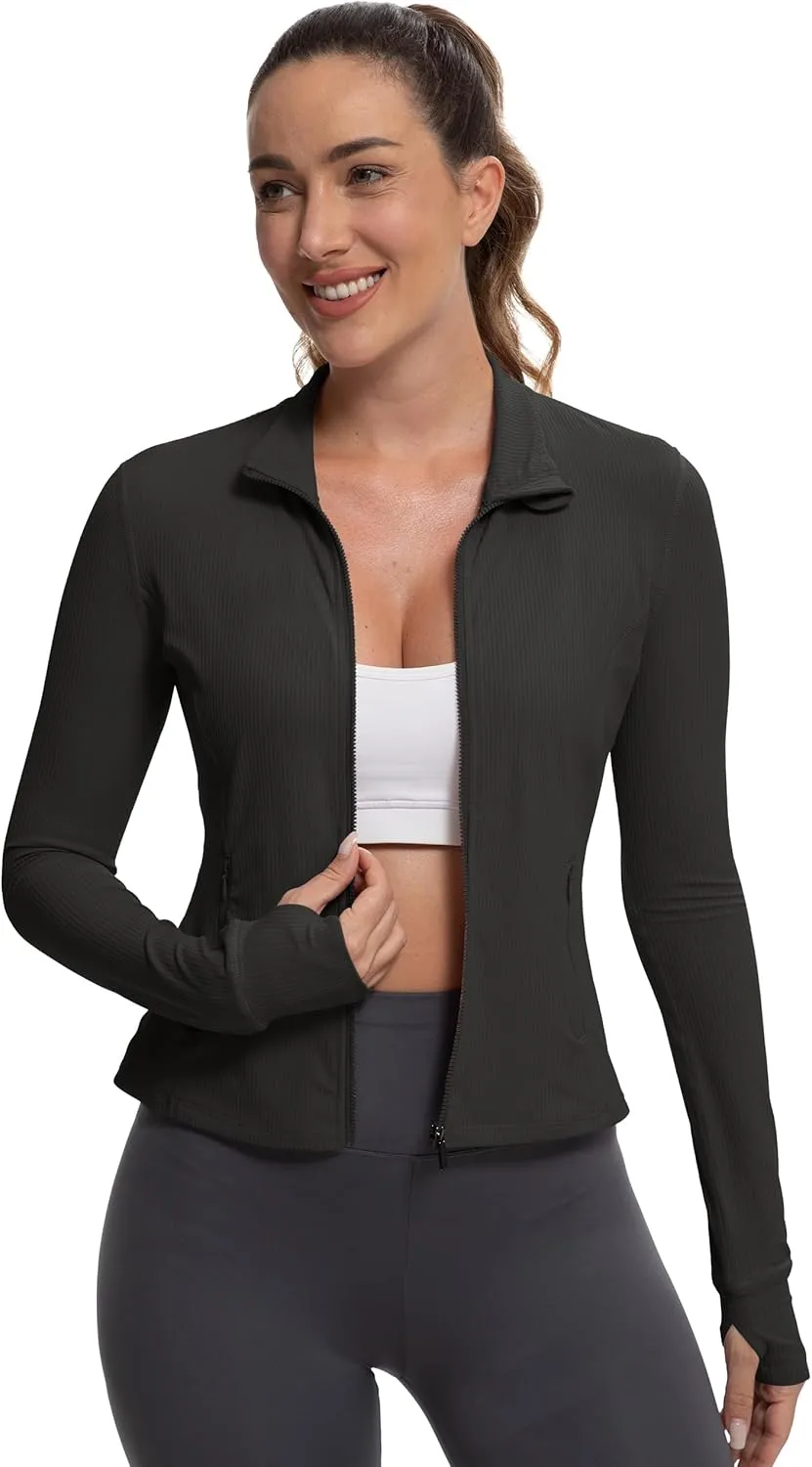 MathCat Ribbed Athletic Jacket for Women,Full Zip Workout Jacket Slim Fit Yoga Running Jacket with Pokets