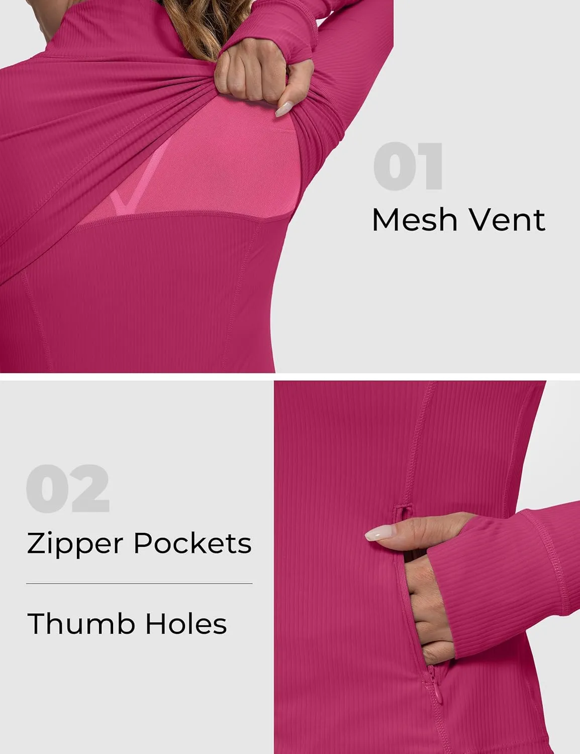 MathCat Ribbed Athletic Jacket for Women,Full Zip Workout Jacket Slim Fit Yoga Running Jacket with Pokets