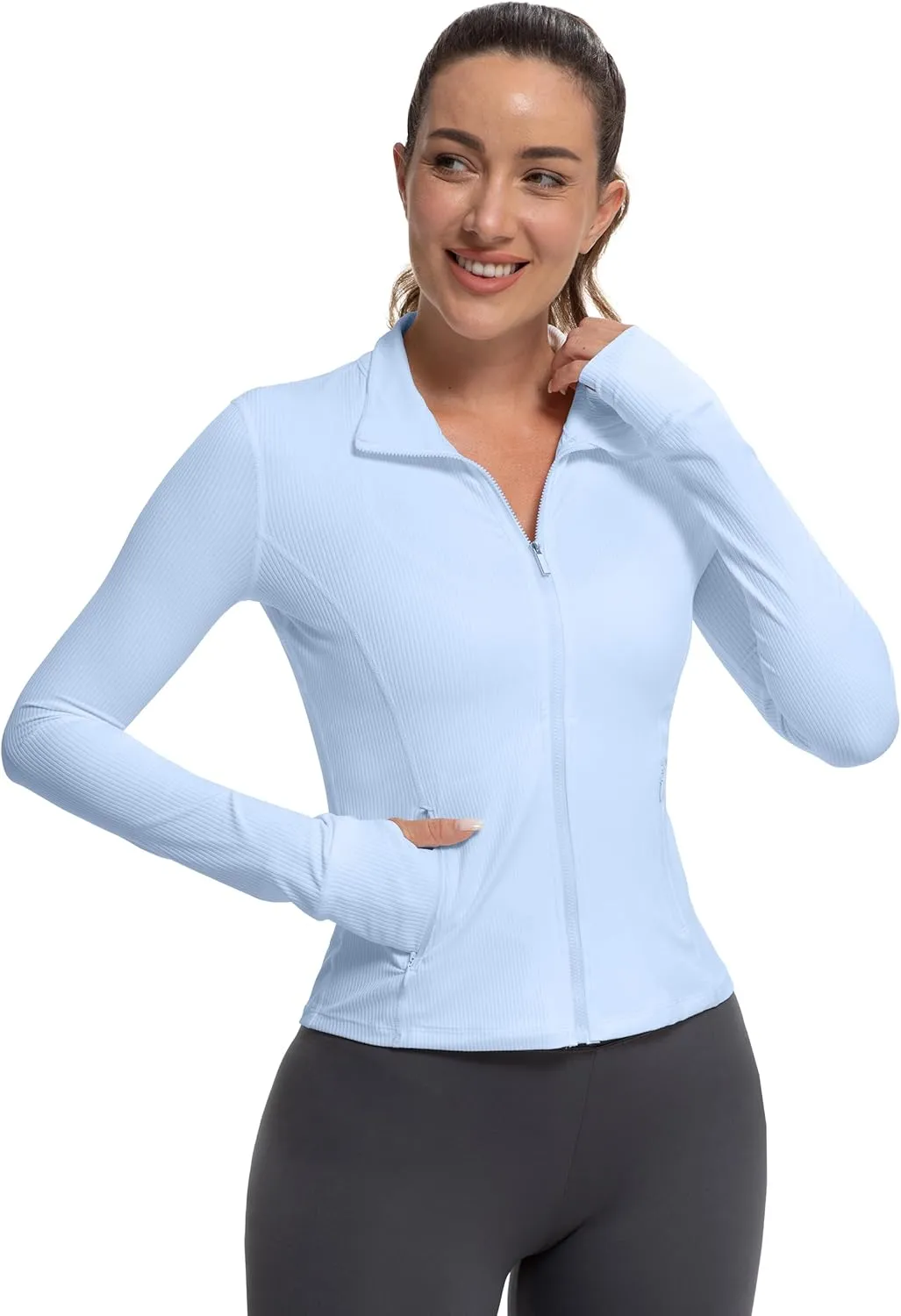 MathCat Ribbed Athletic Jacket for Women,Full Zip Workout Jacket Slim Fit Yoga Running Jacket with Pokets