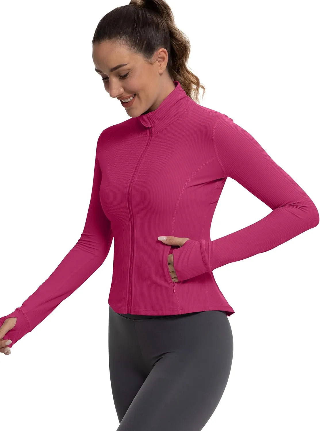 MathCat Ribbed Athletic Jacket for Women,Full Zip Workout Jacket Slim Fit Yoga Running Jacket with Pokets
