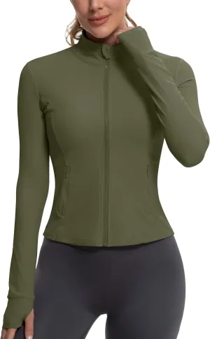 MathCat Ribbed Athletic Jacket for Women,Full Zip Workout Jacket Slim Fit Yoga Running Jacket with Pokets