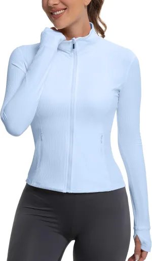 MathCat Ribbed Athletic Jacket for Women,Full Zip Workout Jacket Slim Fit Yoga Running Jacket with Pokets