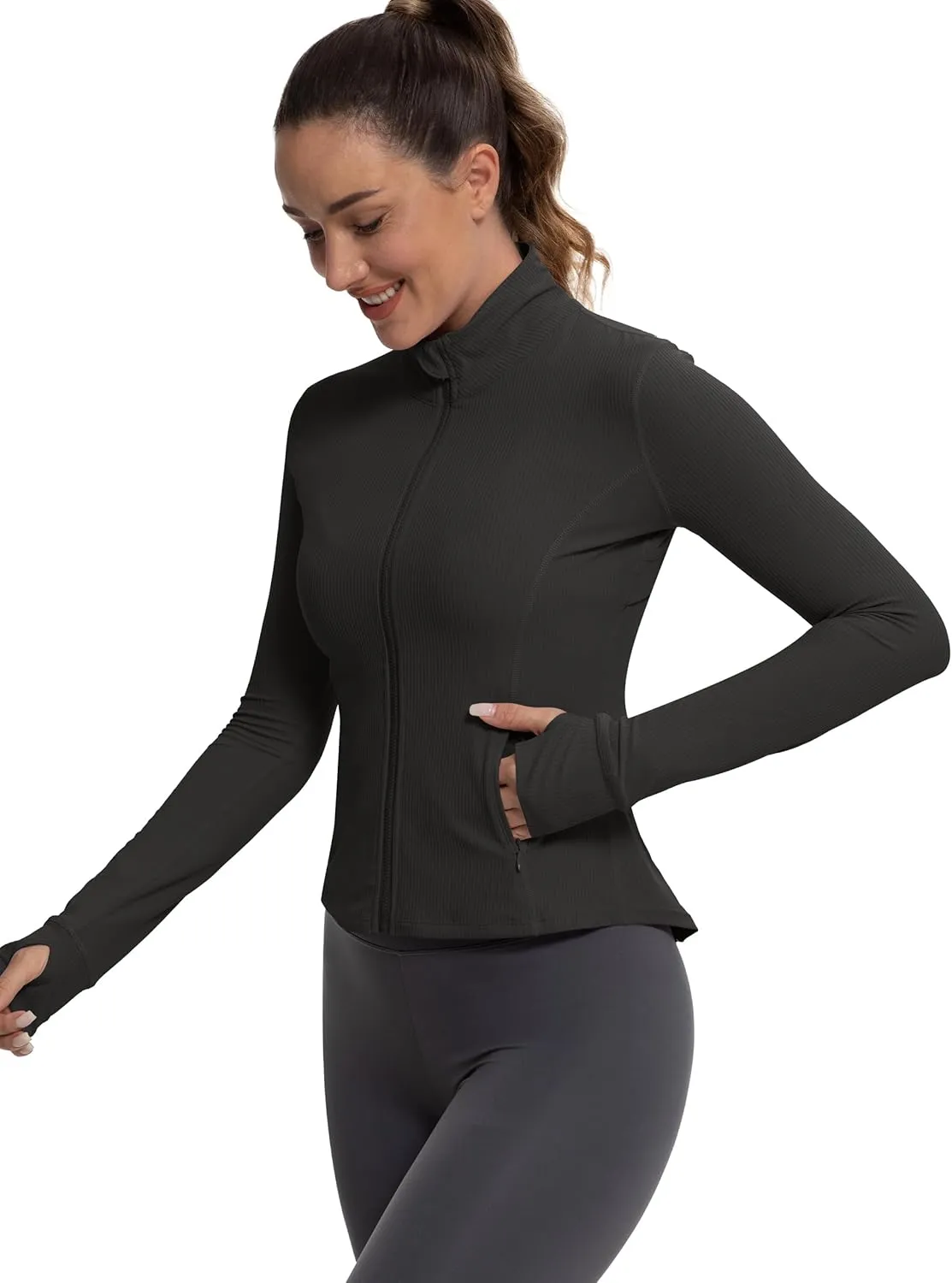 MathCat Ribbed Athletic Jacket for Women,Full Zip Workout Jacket Slim Fit Yoga Running Jacket with Pokets