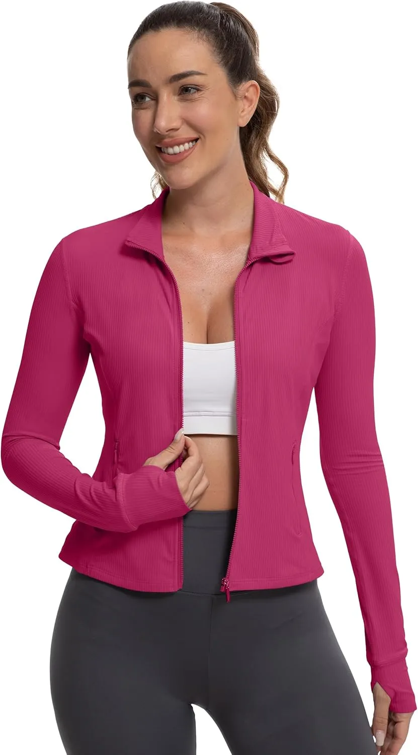 MathCat Ribbed Athletic Jacket for Women,Full Zip Workout Jacket Slim Fit Yoga Running Jacket with Pokets