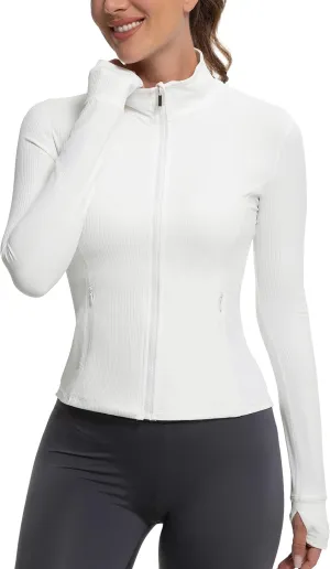 MathCat Ribbed Athletic Jacket for Women,Full Zip Workout Jacket Slim Fit Yoga Running Jacket with Pokets