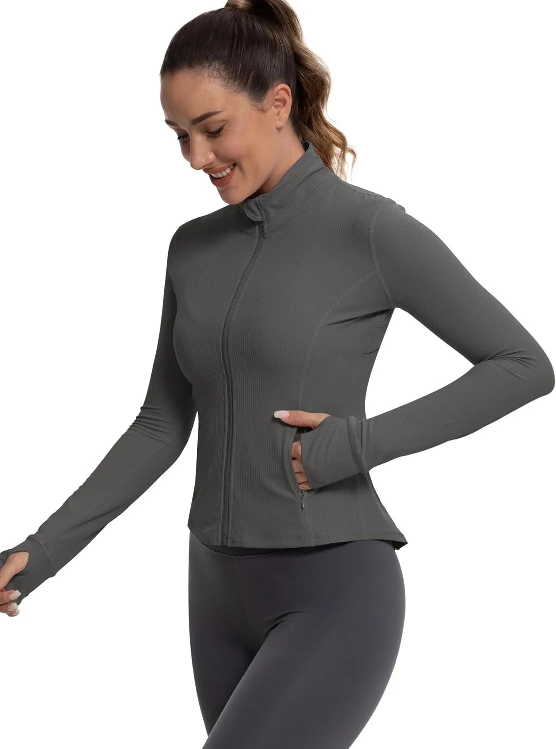 MathCat Ribbed Athletic Jacket for Women,Full Zip Workout Jacket Slim Fit Yoga Running Jacket with Pokets