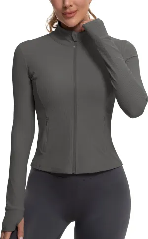 MathCat Ribbed Athletic Jacket for Women,Full Zip Workout Jacket Slim Fit Yoga Running Jacket with Pokets