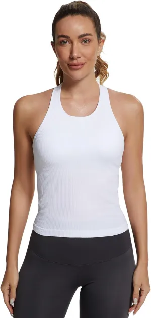 MathCat Workout Tank Tops for Women with Built in Bra,Ribbed Racerback Crop Tank Top,Workout Tops for Women Slim Fit