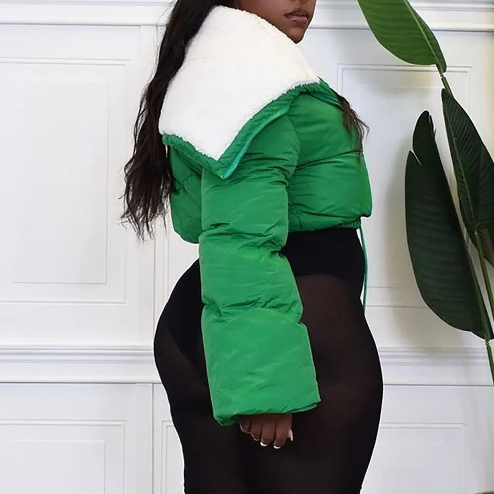 Mayntop Women Sherpa Polar Fleece Shawl Collar Cropped Letter Puffer Bomber Varsity Jacket Zipper Cotton Padded Streetwear