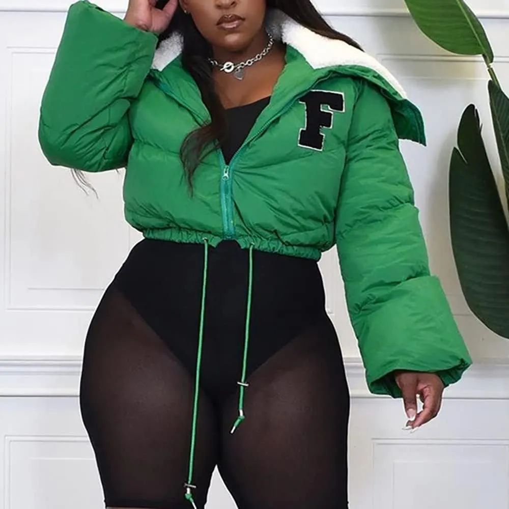 Mayntop Women Sherpa Polar Fleece Shawl Collar Cropped Letter Puffer Bomber Varsity Jacket Zipper Cotton Padded Streetwear