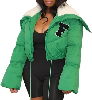 Mayntop Women Sherpa Polar Fleece Shawl Collar Cropped Letter Puffer Bomber Varsity Jacket Zipper Cotton Padded Streetwear