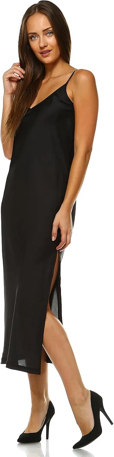 MELODY Women V neck bias cut satin camisole full slip dress