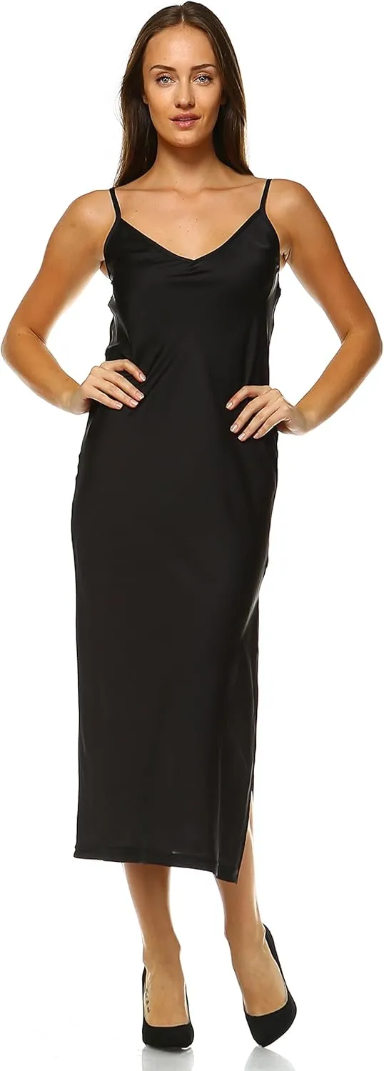 MELODY Women V neck bias cut satin camisole full slip dress
