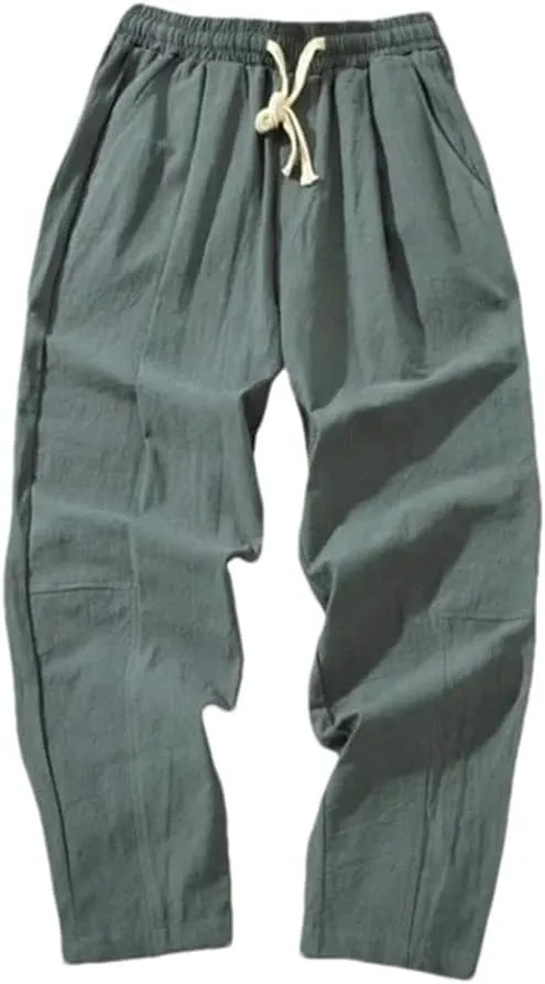 Men Cotton Trousers Casual Solid Color Long Pants Breathable Drawstring Straight Harem Pants