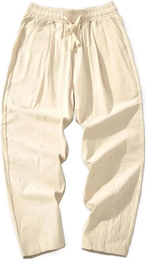 Men Cotton Trousers Casual Solid Color Long Pants Breathable Drawstring Straight Harem Pants