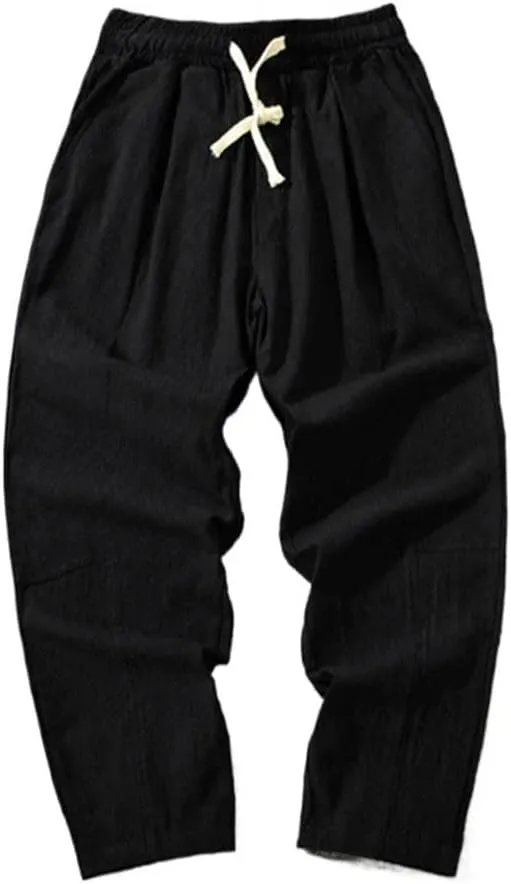 Men Cotton Trousers Casual Solid Color Long Pants Breathable Drawstring Straight Harem Pants