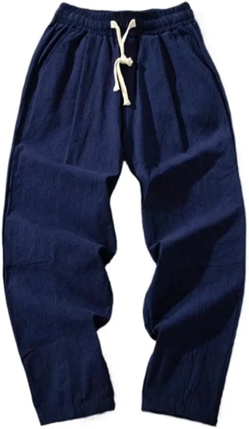 Men Cotton Trousers Casual Solid Color Long Pants Breathable Drawstring Straight Harem Pants