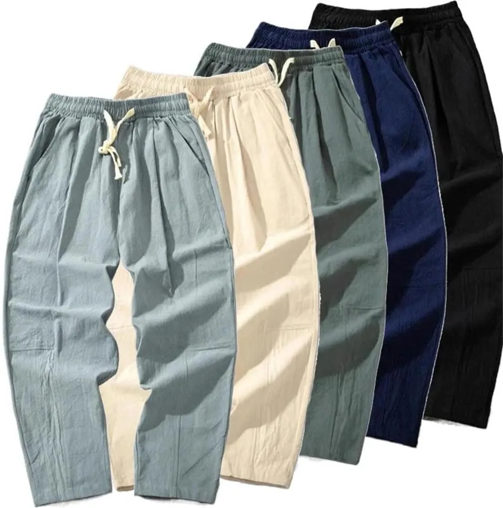 Men Cotton Trousers Casual Solid Color Long Pants Breathable Drawstring Straight Harem Pants