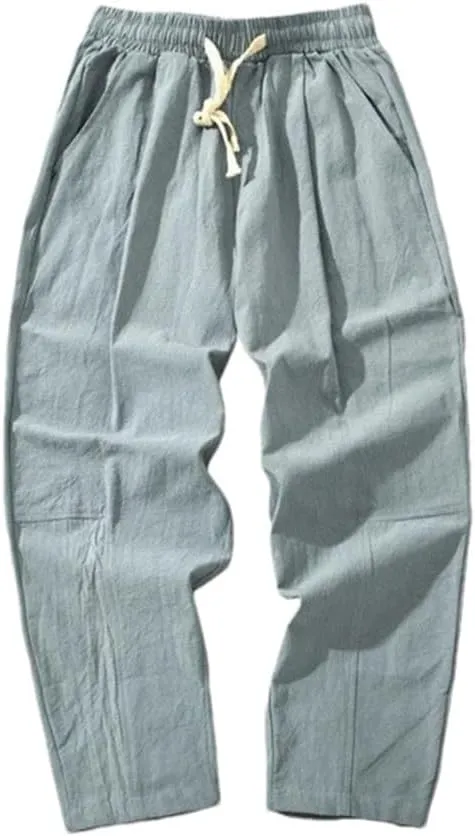 Men Cotton Trousers Casual Solid Color Long Pants Breathable Drawstring Straight Harem Pants