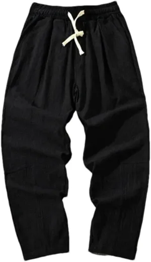 Men Cotton Trousers Casual Solid Color Long Pants Breathable Drawstring Straight Harem Pants